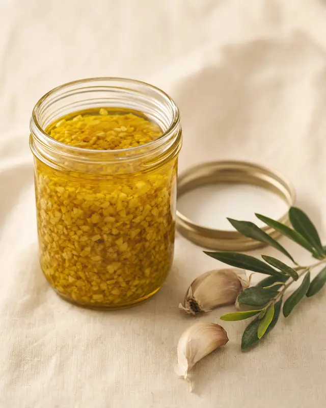 Frasco de ajo picado en aceite de oliva