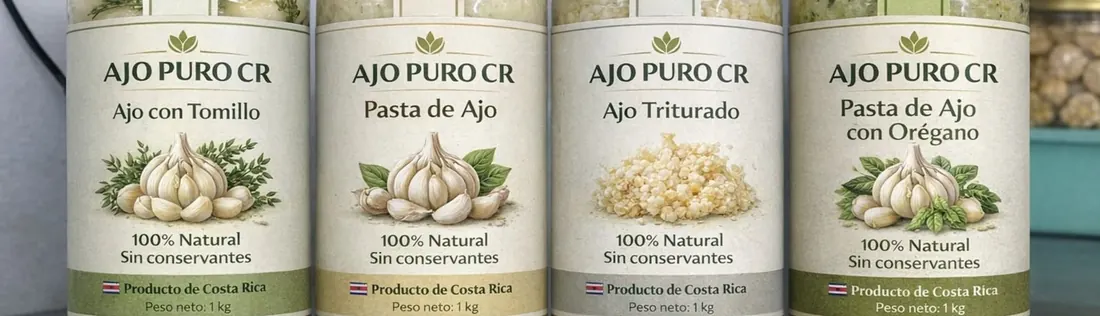 Las etiquetas de los cuatro frascos Ajo Puro CR: Ajo con Tomillo, Pasta de Ajo, Ajo Triturado y Pasta de Ajo con Orégano