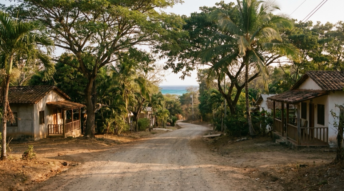 Calle residencial tranquila de Tamarindo, Costa Rica, con árboles maduros y tejados de teja.
