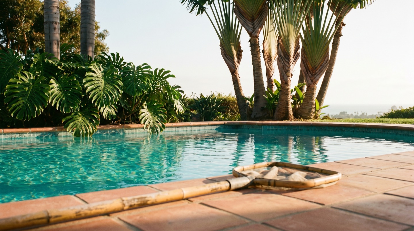 Piscina residencial al atardecer en Guanacaste, con vegetación tropical alrededor