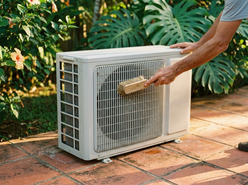 Mano limpiando la rejilla de una unidad de aire acondicionado exterior en una terraza con teja.