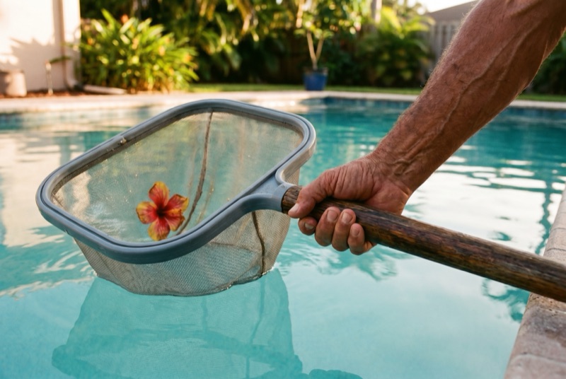 Mano sosteniendo la red de un skimmer sobre una piscina al atardecer.