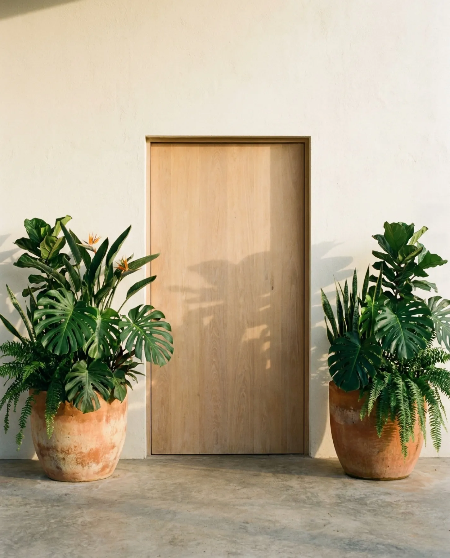 Entrada de hotel boutique con un par simétrico de maceteros de terracota