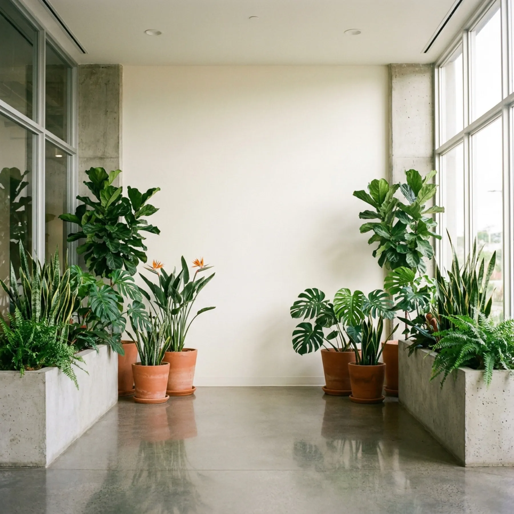 Lobby de oficina con maceteros de concreto y ficus lira junto a una pared crema