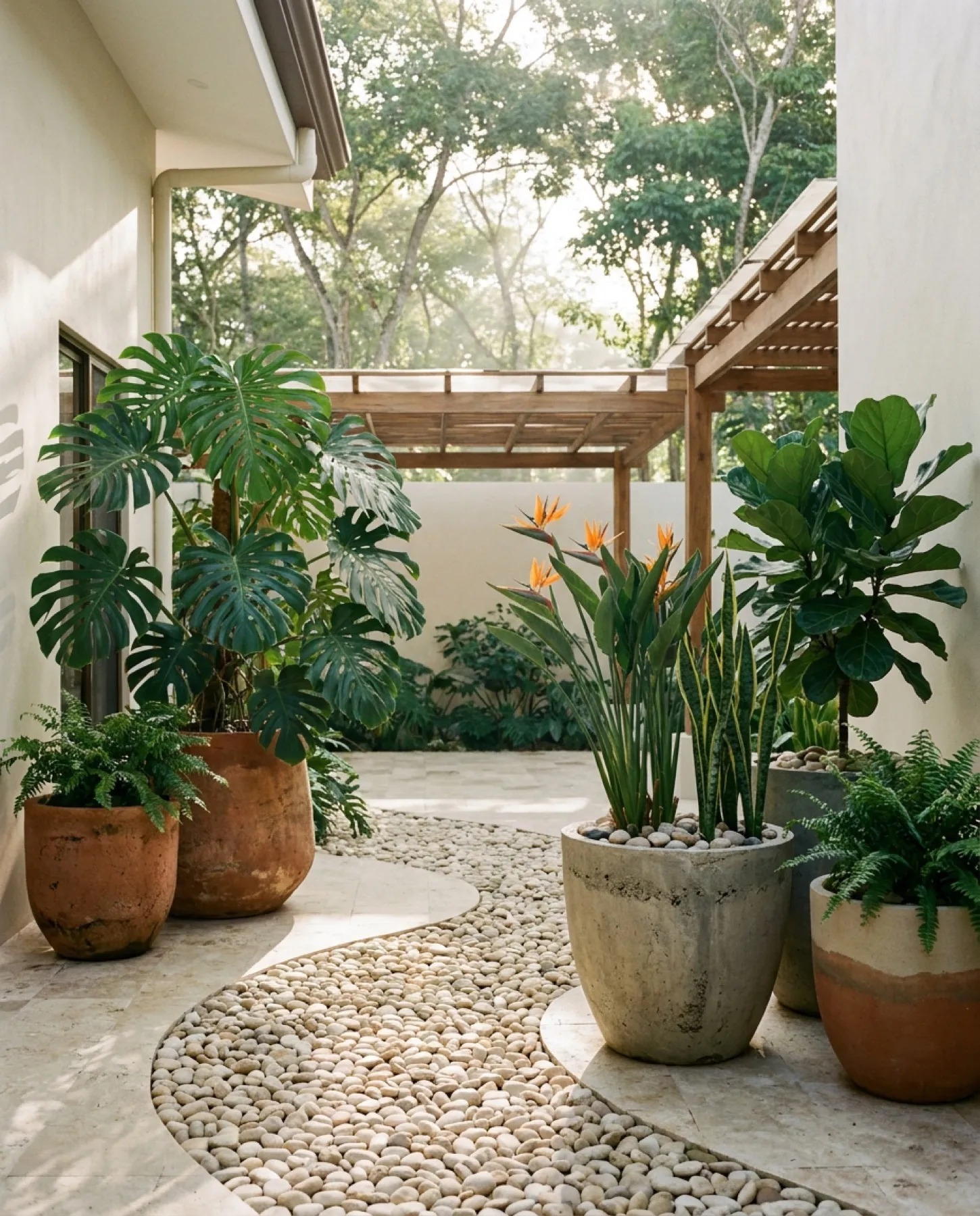 Patio residencial con trío de maceteros de barro y concreto entre helechos