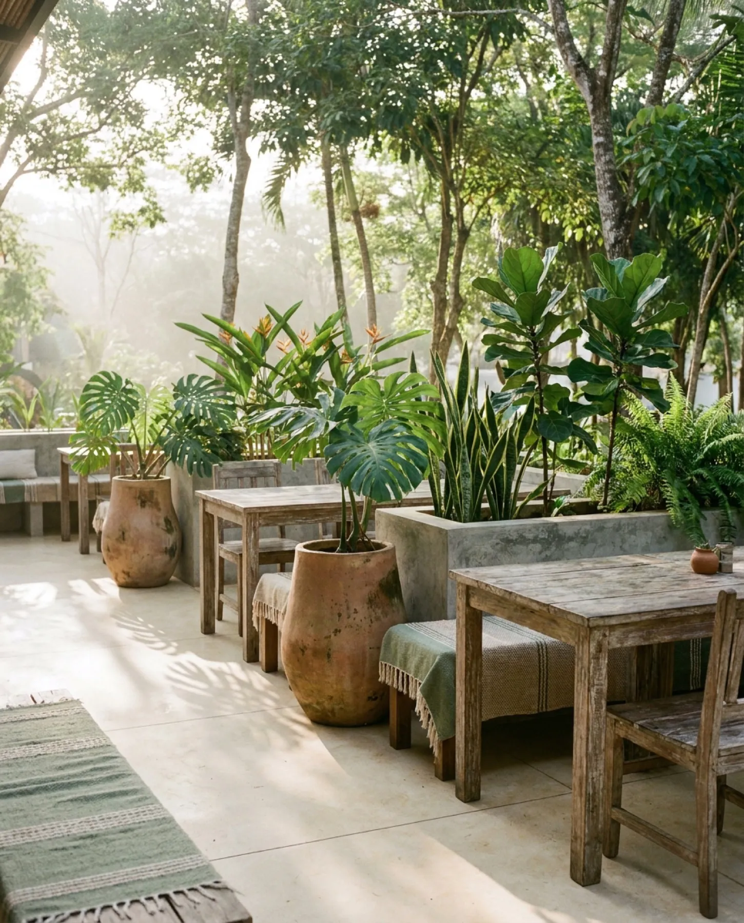 Terraza de restaurante con maceteros de barro entre mesas de madera