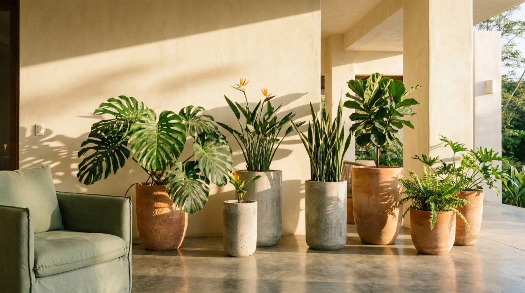 Terraza cálida con maceteros de barro y plantas tropicales, luz natural de la mañana