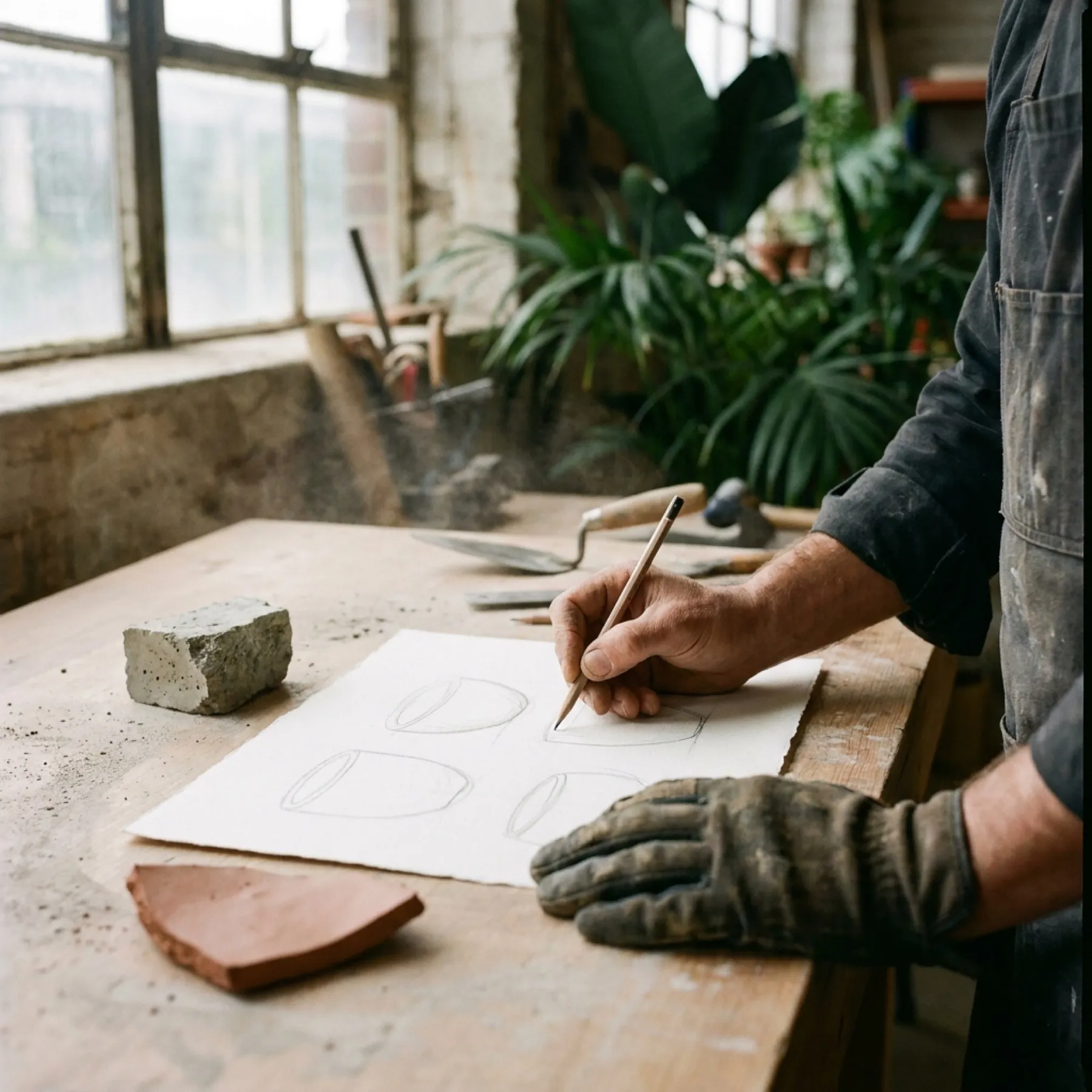 Manos dibujando bocetos de maceteros en una mesa de taller
