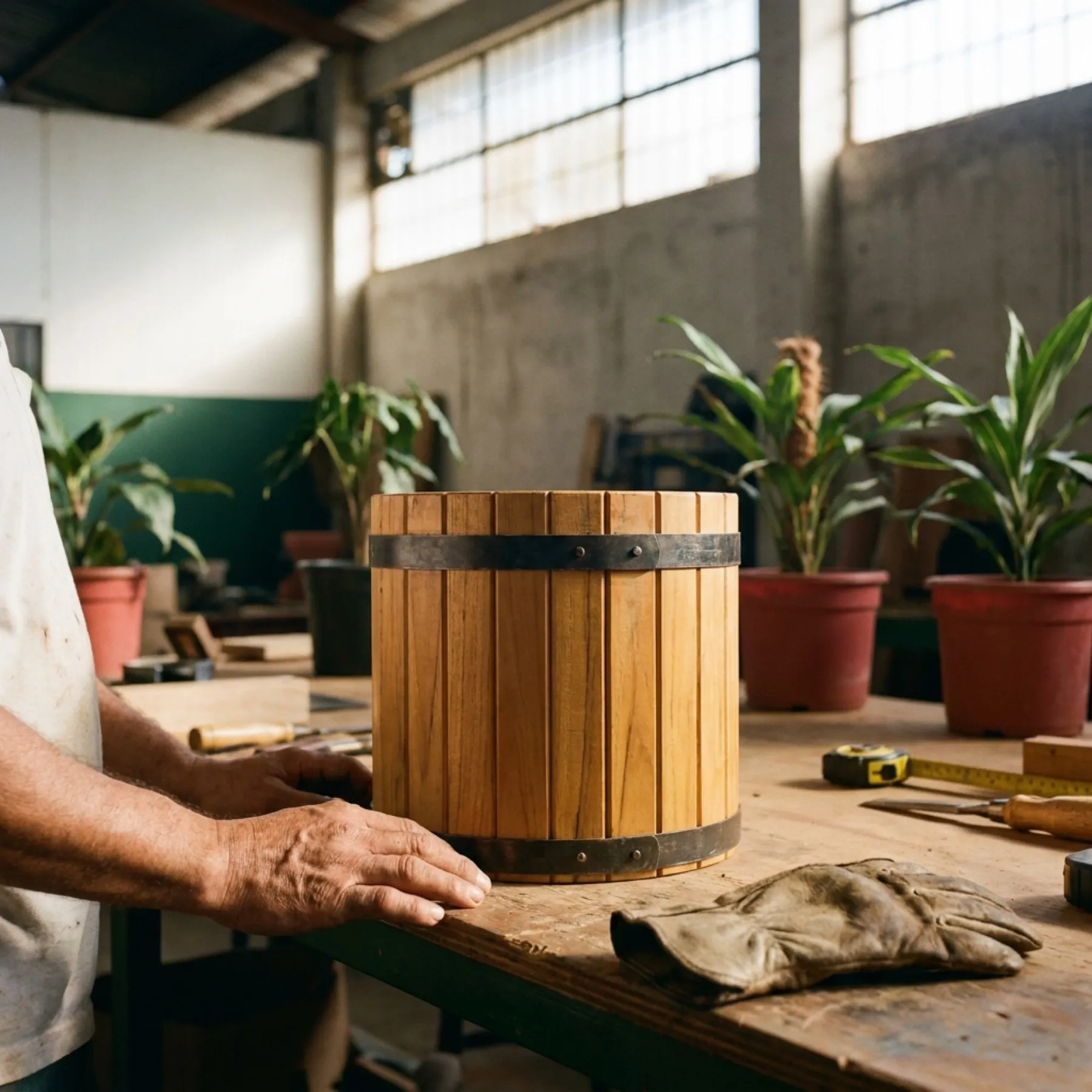 Molde cilíndrico de madera y metal en un taller artesanal