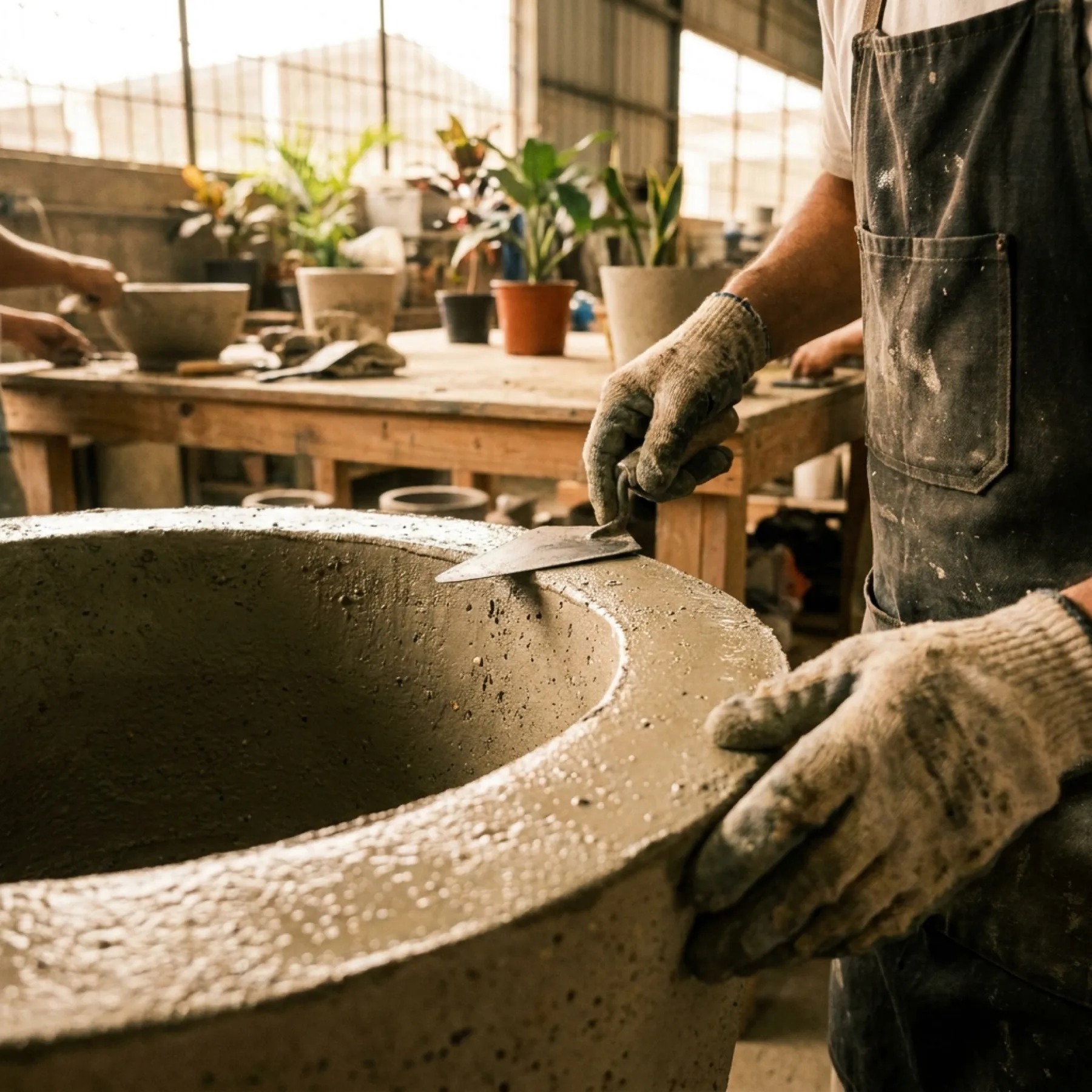 Manos artesanas alisando el borde de un macetero de concreto recién fundido