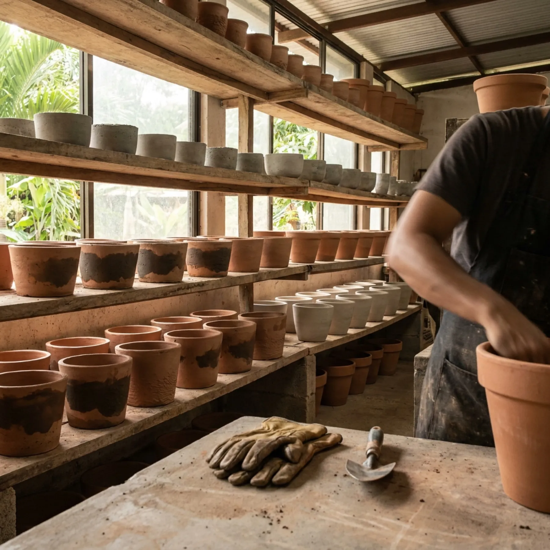 Hileras de maceteros de concreto y terracota secando en un taller