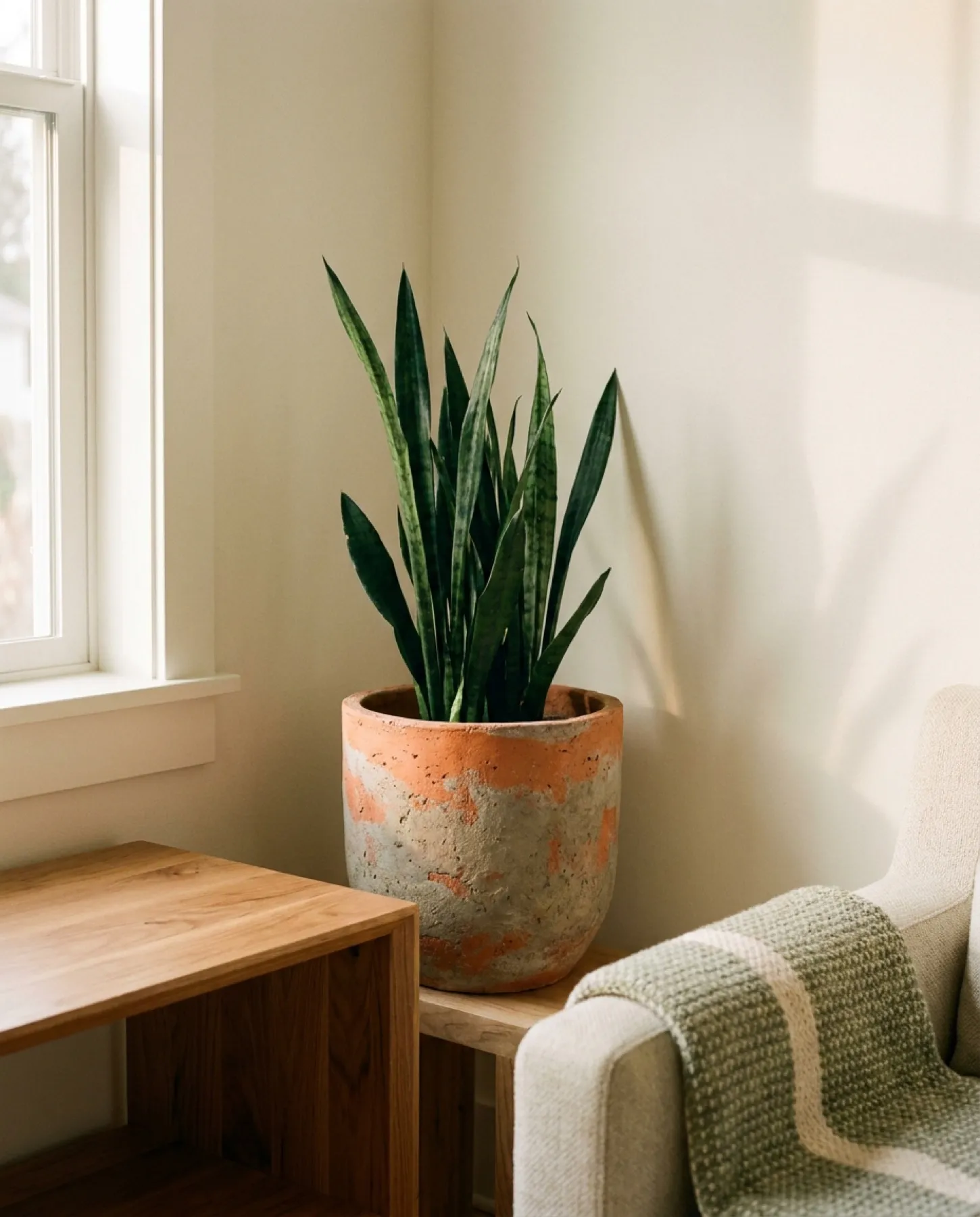 Macetero de terracota artesanal con sansevieria en una esquina cálida del hogar